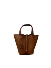 Genuine Cow Leather Bucket Bag Black Drawstring Inner Padlock Tote