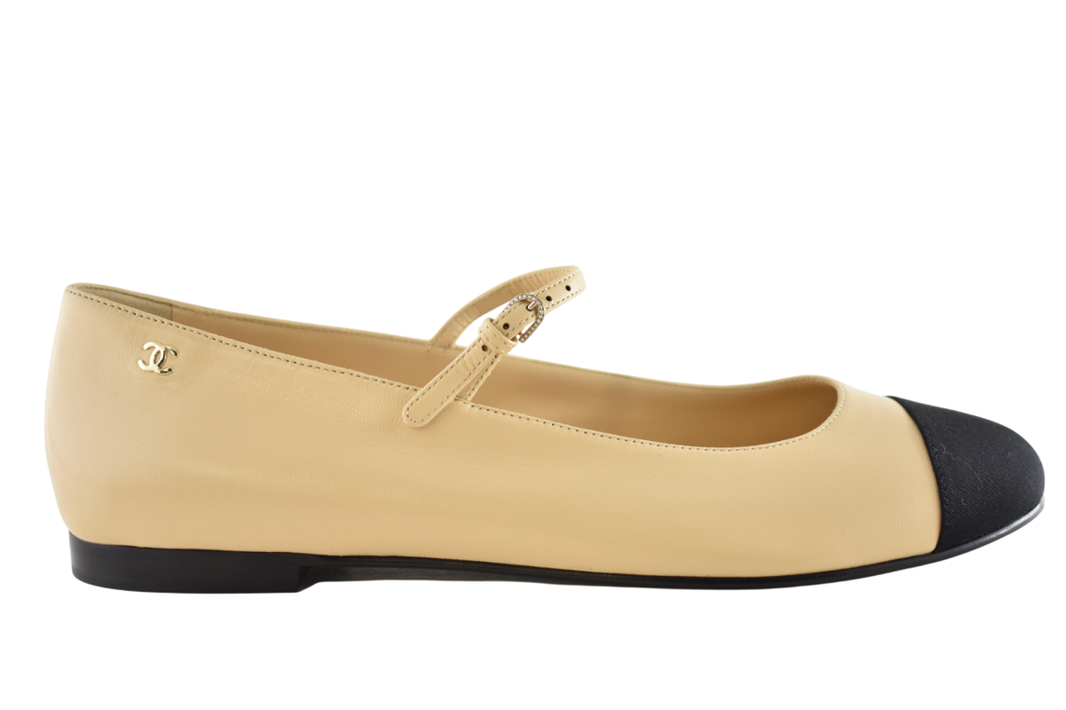 Chanel 24A Beige Leather Black CC Logo Mary Jane Strap Ballerina