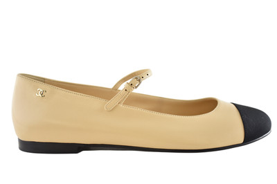 Chanel 24A Beige Leather Black CC Logo Mary Jane Strap Ballerina
