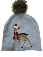 Womens Blue Pom Reindeer Beanie Hat Knit Christmas Holiday Stocking Cap