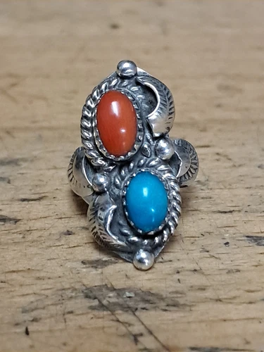 Vintage Turquoise & Red Coral Ring Signed J Whitegoat Sz 4.5