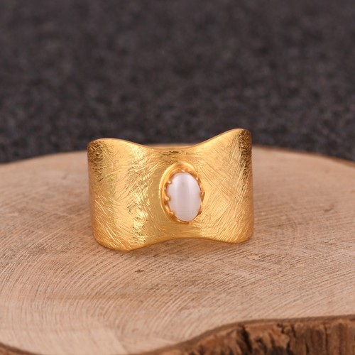 Handmade 18k Gold Plated Pearl Wide Band Ring Women's Engagement Fashion Ring - Picture 2 of 8