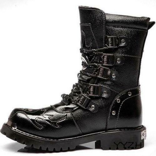 Mens Gothic Boots Punk Biker Combat Lace Black Motorcycle Cool Military Shoes - Picture 4 of 6