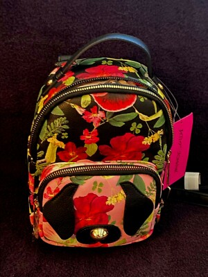 NWT BETSEY JOHNSON SMALL BACKPACK PURSE FLORAL BLACK PINK 