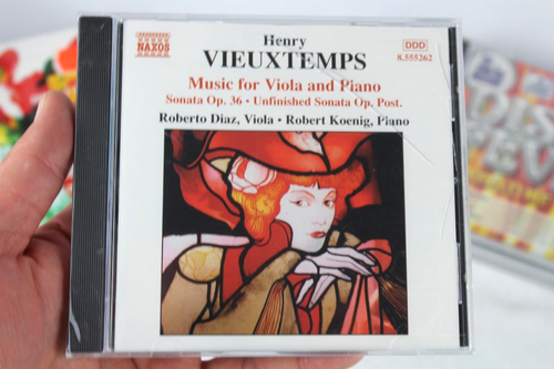 CD cover of Henry Vieuxtemps Music for Viola and Piano Sonata Op 36 with red, blue, and gold abstract design and performers’ names.