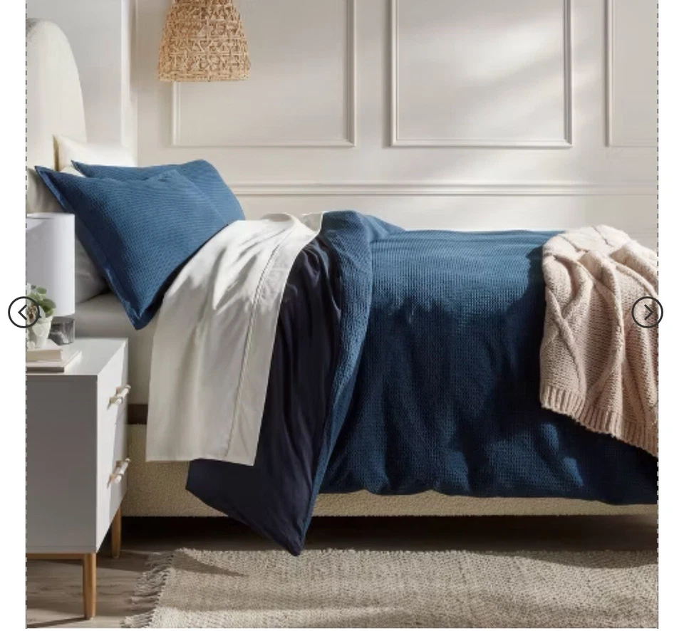 Juego de funda nórdica y funda nórdica tejido gofre lavado azul marino doble o doble XL nuevo Foto 3 de 4