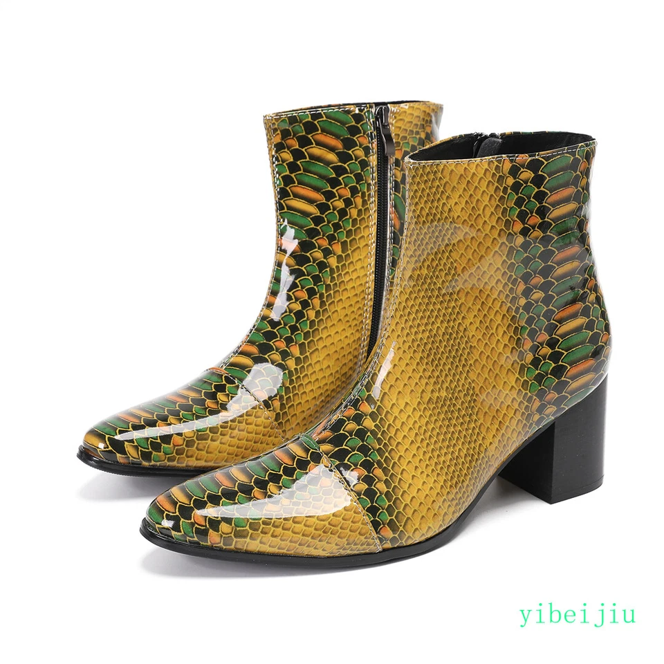 Men's Dress Formal Glossy Ankle Boot Mid Heel Snakeskin Pattern Serpentine Shoes - Image 3 of 4