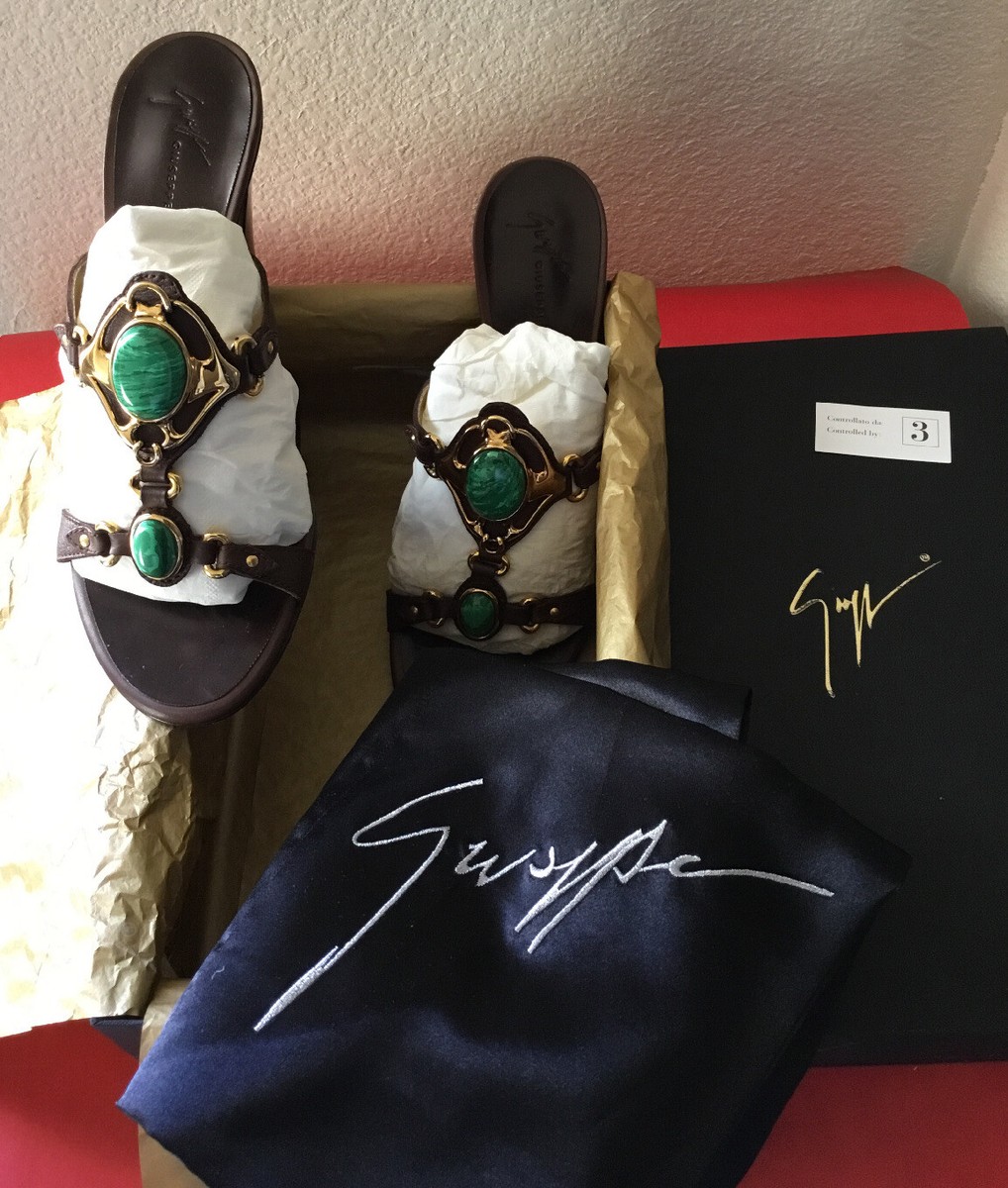 GIUSEPPE ZANOTTI $925 BROWN/GREEN JEWEL SANDALS SZ.38 NWBOX