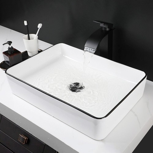 US Ceramic Sink Bathroom White Rectangle Basin Waterfall Deck Mounted Mixer Taps - Picture 7 of 12