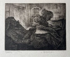 Karnig Nalbandian Etching “Readers” Couple Reading Bed Bedroom Social Realism