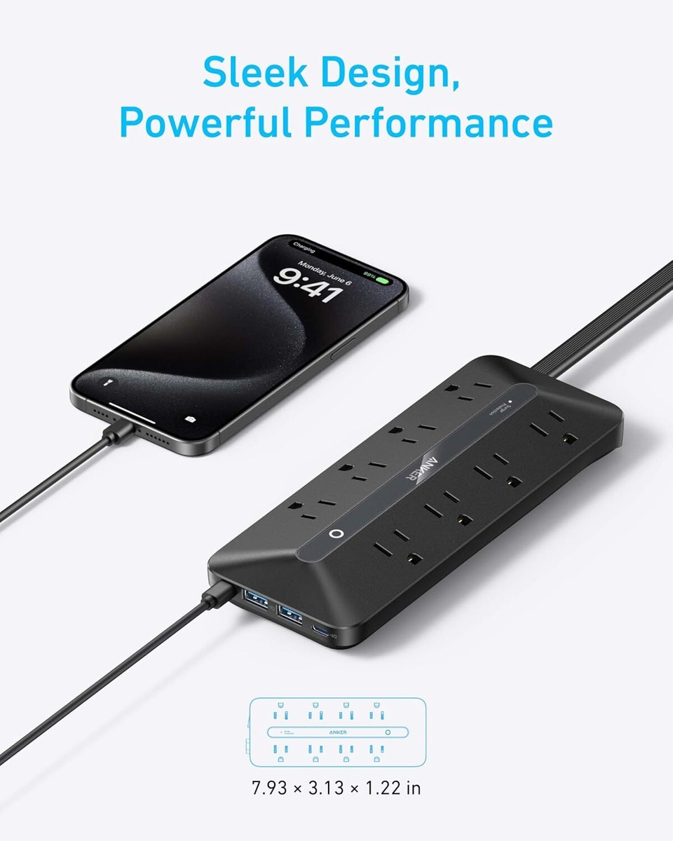Anker 12-in-1 USB-C Power Strip Flat Plug 900J Slim Desk Charging