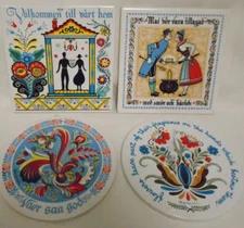 4 SCANDINAVIAN TEA TILES SIGNED BERGGREN 2 ROUND 2 SQUARE VALKOMMEN