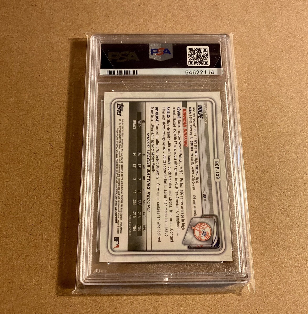 Anthony Volpe 2020 Bowman Chrome Aqua Shimmer Refractor /125 PSA 9