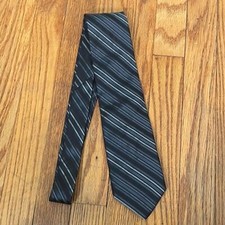 DKNY 100 Silk Diagonal Stripe Necktie Black Silver Grey