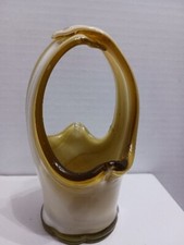 Vintage Hand Blown Stretched Art Glass Basket Vase White Yellow Gold