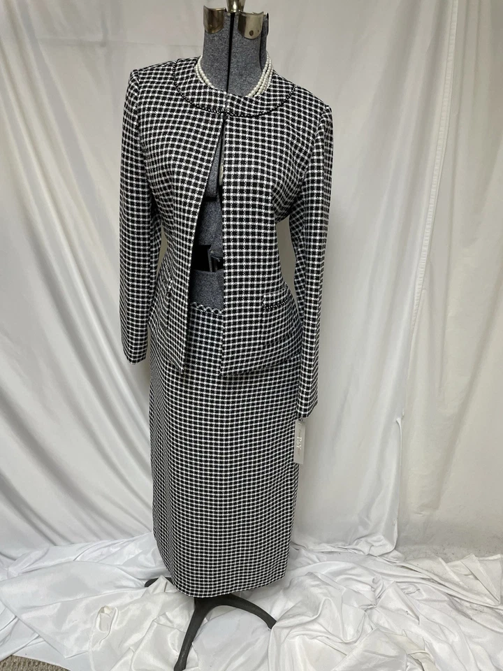 NEW $280 Preston & York Skirt Suit Size 6 Two Piece Set Rhinestones Black White - Image 3 of 4