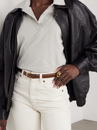 Saint Laurent Cassandre Croc-Effect Leather Belt Thin Size 80 YSL Logo Brown