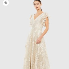 Mac Duggal Champagne Rhinestone Gown with V-Neck and Flutter Cap Sleeves size 14