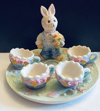 VTG 90s Miniature Resin Easter Bunny Tea Set Collection 7 Pc Set