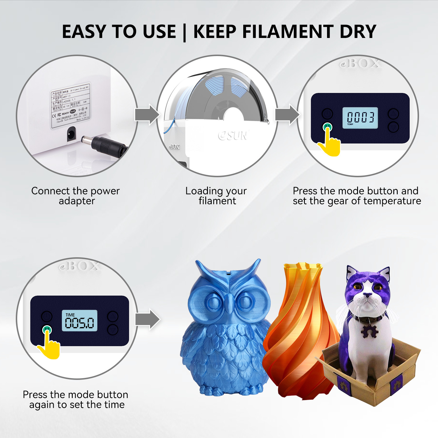 eSUN Filament Dryer Box Adjustable Dry Faster Smarter fr 1.75/2.85mm PLA/ABS/TPU