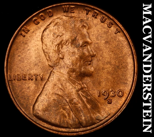 1930-S Lincoln Wheat Cent- Red- Choice Gem Brilliant Uncirculated Luster #J2386