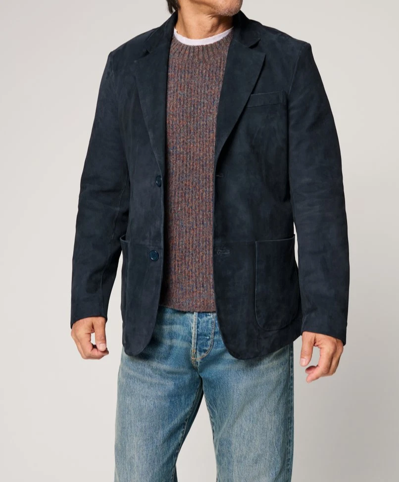 Navy Blue Leather Blazer Men Pure Suede Jacket 2 Button Size S M L XL XXL 3XL