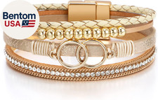 Leopard Bracelet for Women, Boho Leather Wrap Multi-Layer Pearl Crystal Bracelet