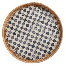 Tynulox Round Rattan Tray Mother of Pearl Inlay Serving Tray Black Checkerboard
