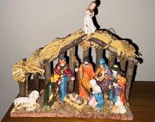 Vintage 9 pc Resin Figures Nativity Set Wood Moss Manger 