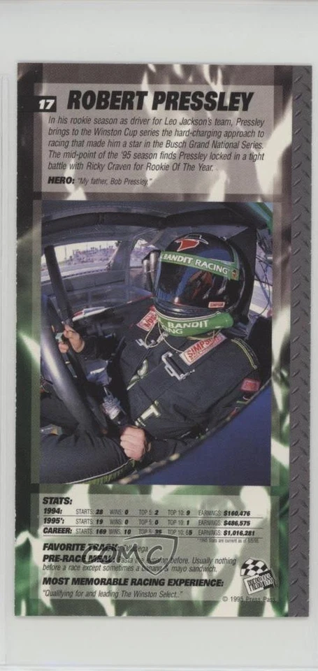 1995 Press Pass Optima XL Robert Pressley #17 - Image 2 of 2