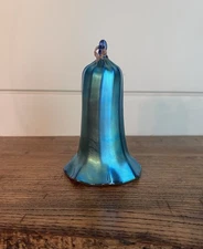LUNDBERG STUDIOS-Vintage Blue AURENE Art Glass Iridescent BELL Ornament-Signed