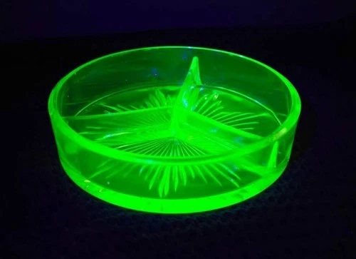 VTG Uranium Depression Glass Divided 5" Relish Nut Candy Dish
