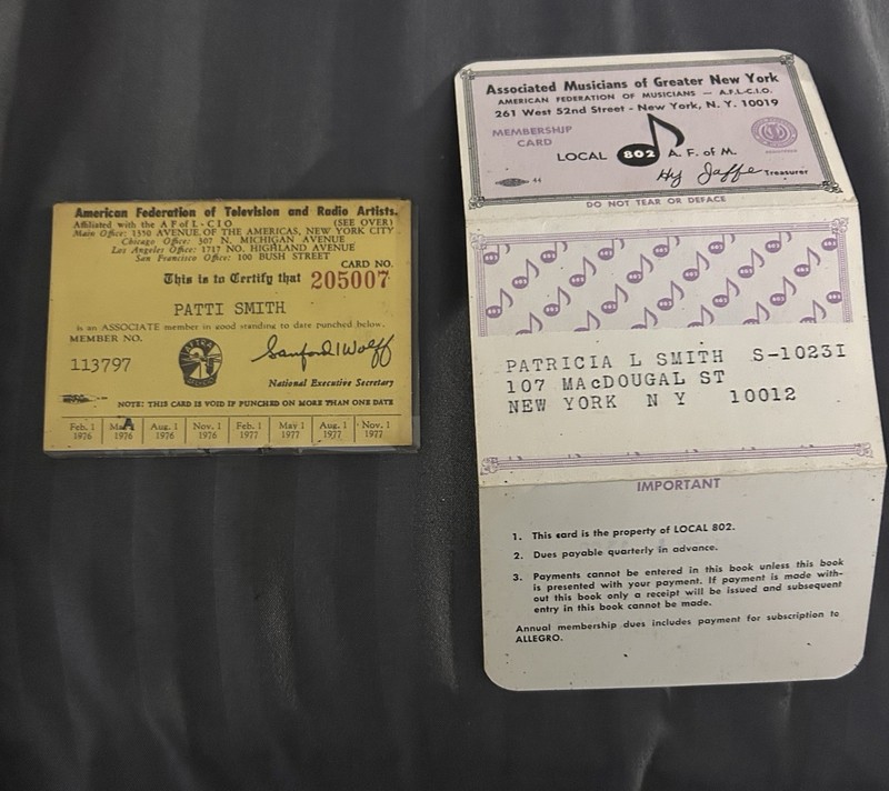 Patti Smith AFTA Card And Local 802 Associated Musicians Card