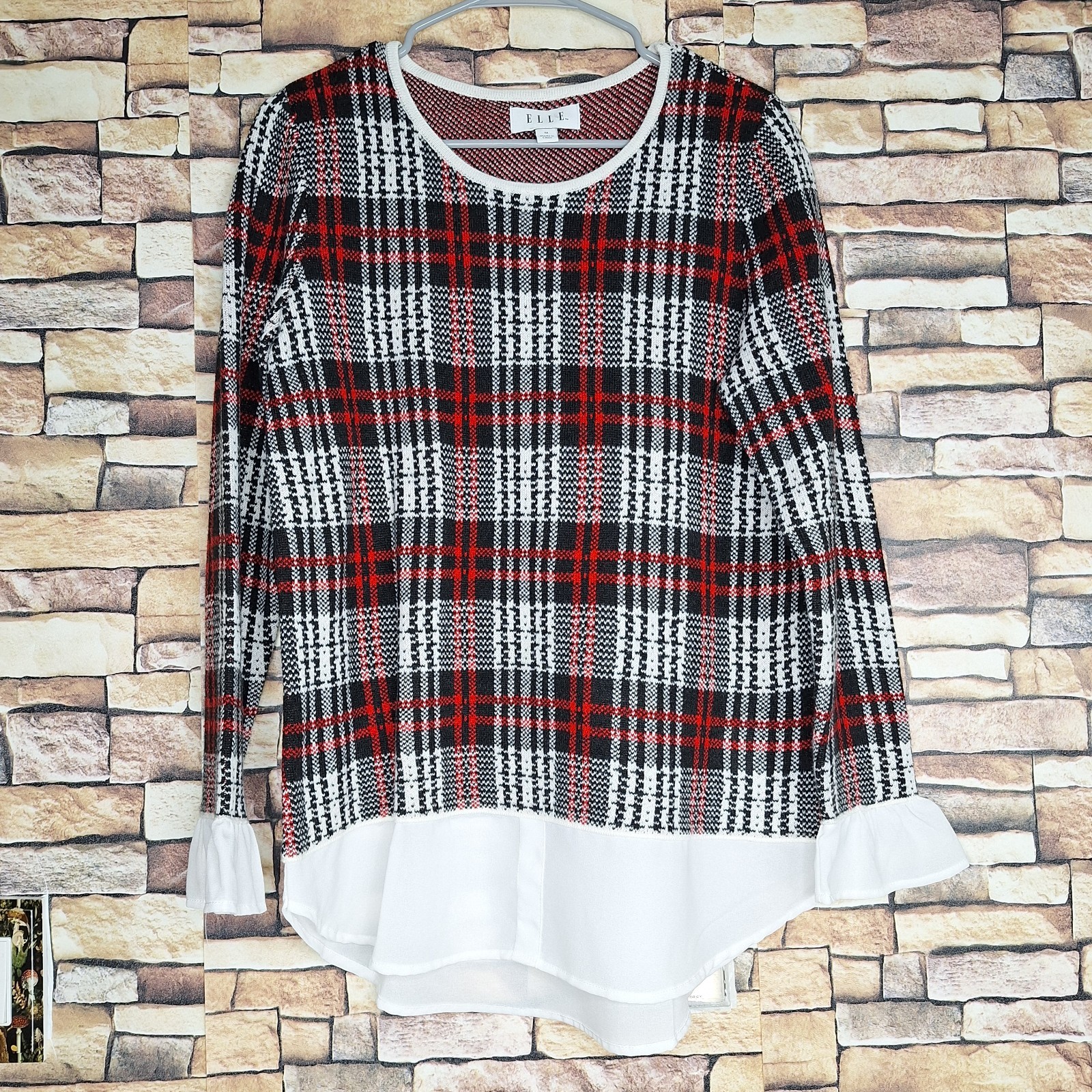 Elle Sweater Womens M Multicolor Plaid Acrylic Knit