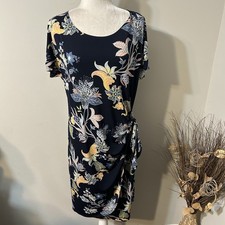 Signature by Robbie Bee Short Sleeve Faux Wrap Side Knot Dress Floral Blue Sz L