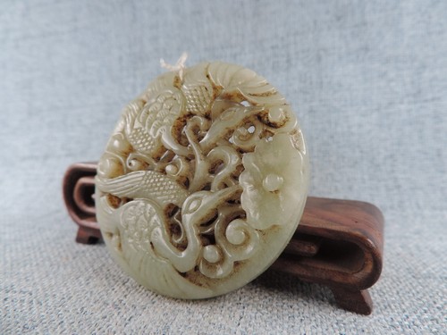Chinesischer antiker Hetian Jade manueller Skulptur ausgehöhlter Kranich Anhänger SC - Bild 6 von 9