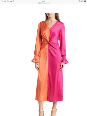Bonheur D'Amour V-Neck Long Sleeve Front Knot Two-Tone Satin midi Dress. Large