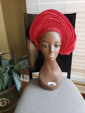 Aso-Oke African Headtie Auto Gele, Ready Made Gele Red/Coral 