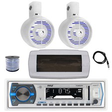 Pyle Bluetooth Marine Radio,Cover, Antenna,Wire, 2x 6.5" 200W LED White Speaker