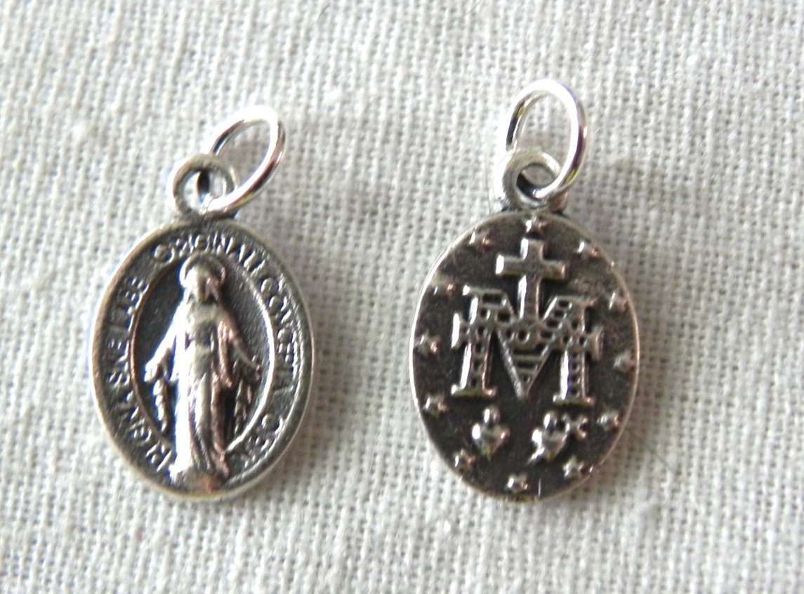 Virgin Mary Oval Miraculous Medal Tiny Charm Small Silver tone  Pendant NICE