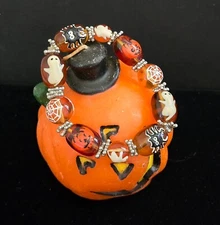 Halloween Bracelet Spooky Night Pumpkin Ghost Brown Glass Beaded Stretch Woman