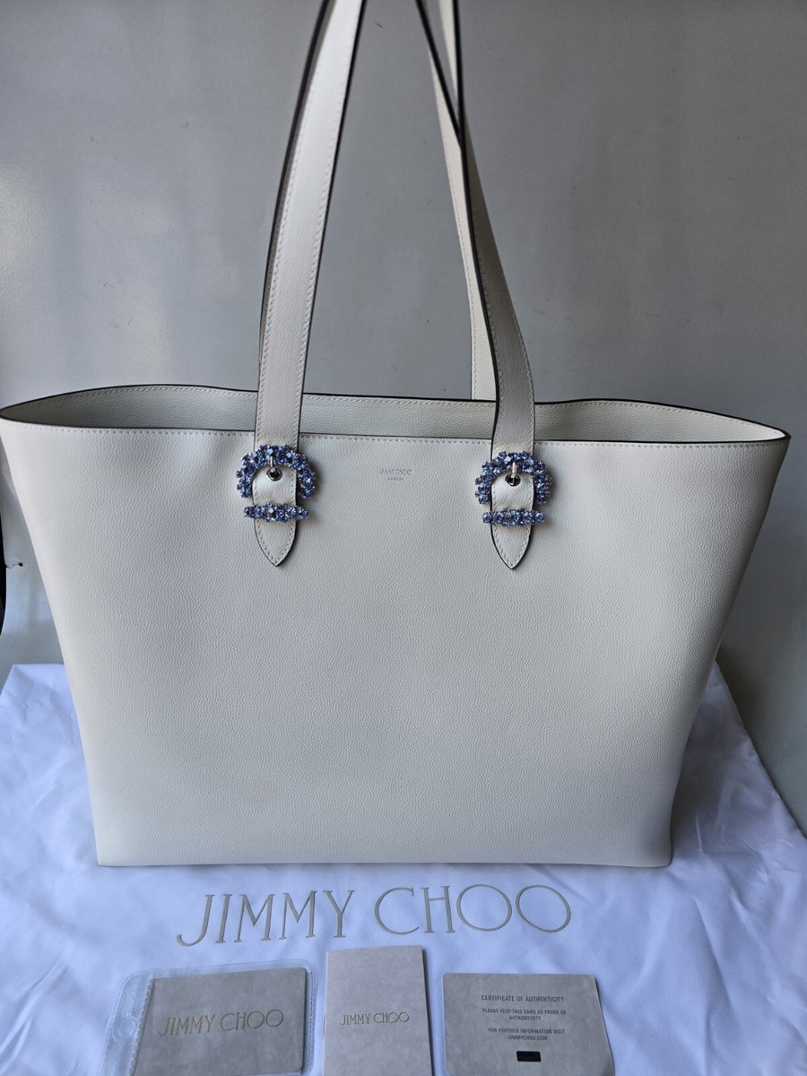 JIMMY CHOO CHERI Tote White Milk Calfskin Leather Blue Crystal