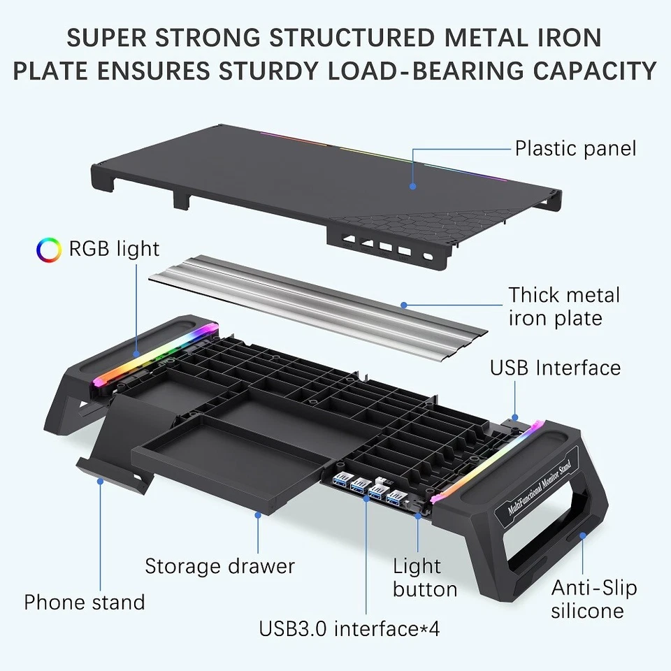 Monitor Stand for Desk RGB Gaming Lights Foldable with 4 USB 3.0 Hub - Image 2 of 4