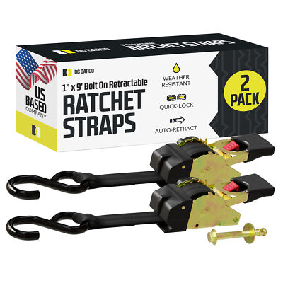 DC Cargo Transom Tie Down Strap 1''x9' Retractable Ratchet Strap w/ S-Hook 2-pack