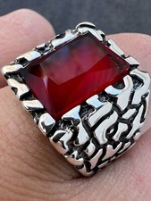 Mens Real 925 Sterling Silver Iced Simulated Big Red Ruby Nugget Hip Hop Ring