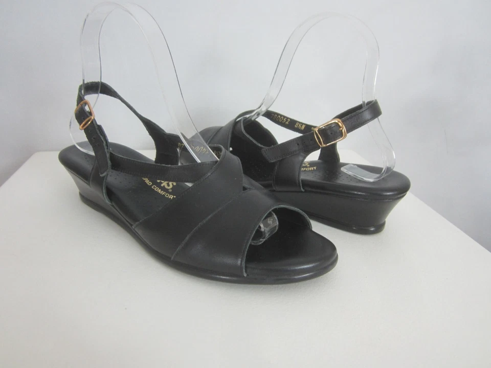 SAS Tripad Caress 8.5 N Black Leather Wedge Sandals Made USA Narrow Open Toe - Image 4 of 4