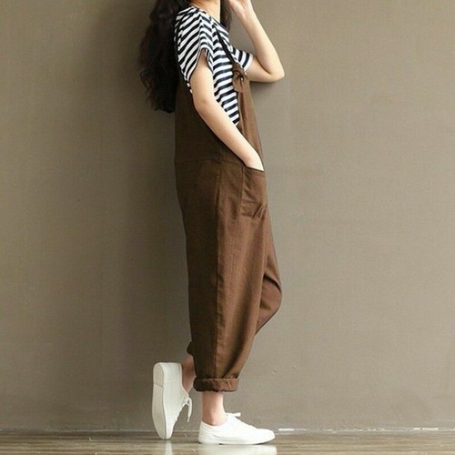 Lady Cotton Dungarees Pants Harem Loose Casual Overall Pocket Trousers Jumpsuit - Picture 5 of 15