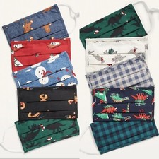 Lot of 15 Kids Size Boys Christmas Non-medical Face Masks Dinosaur Plaid Cotton