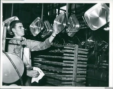 1956 Photo John Durst Working On Steel Pans Alcoa Factory Business 7X9 Vintage