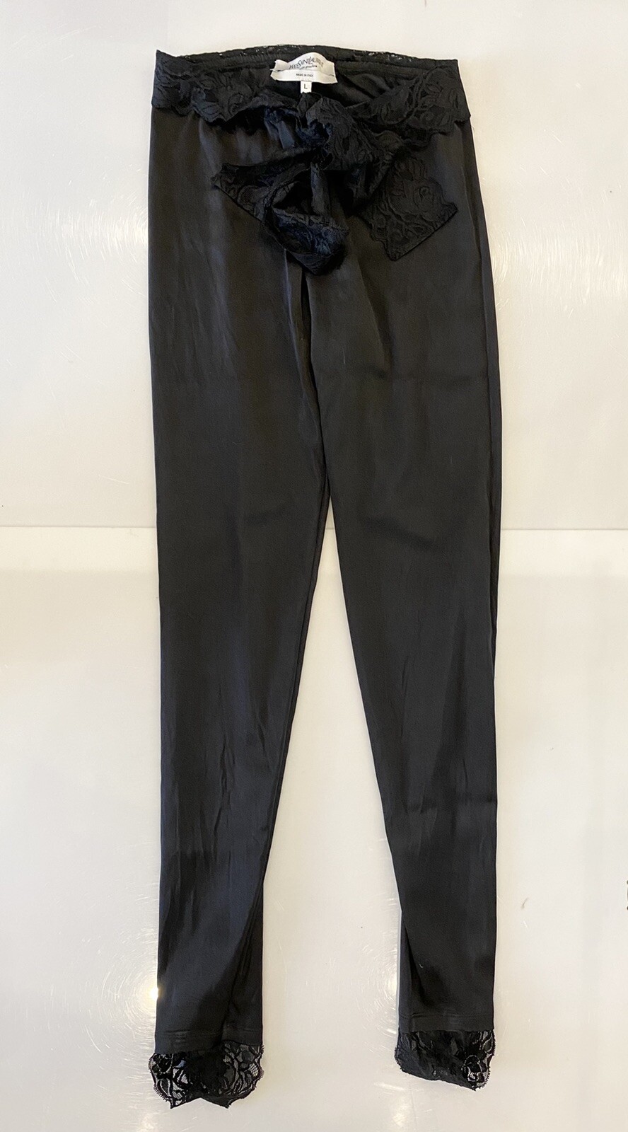 Pantaloni Donna Saint Laurent Seta Leggings Staffa Polsino Pizzo Nero Taglia L